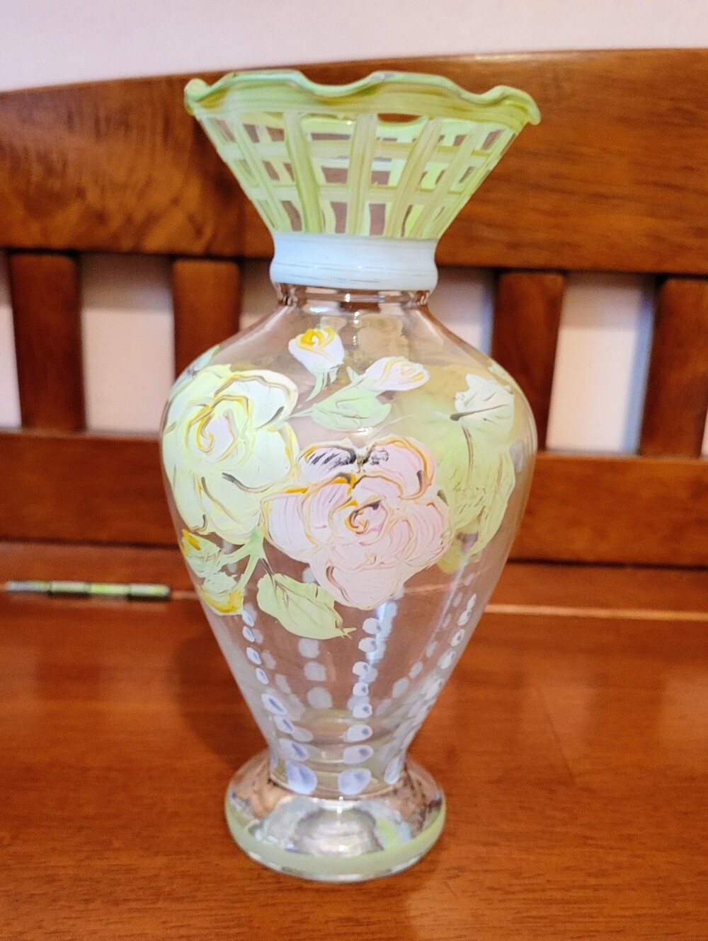 Tracy Porter Hand Painted Bud Vase Glass Multi Floral 6.5", Green & Pink Vintage